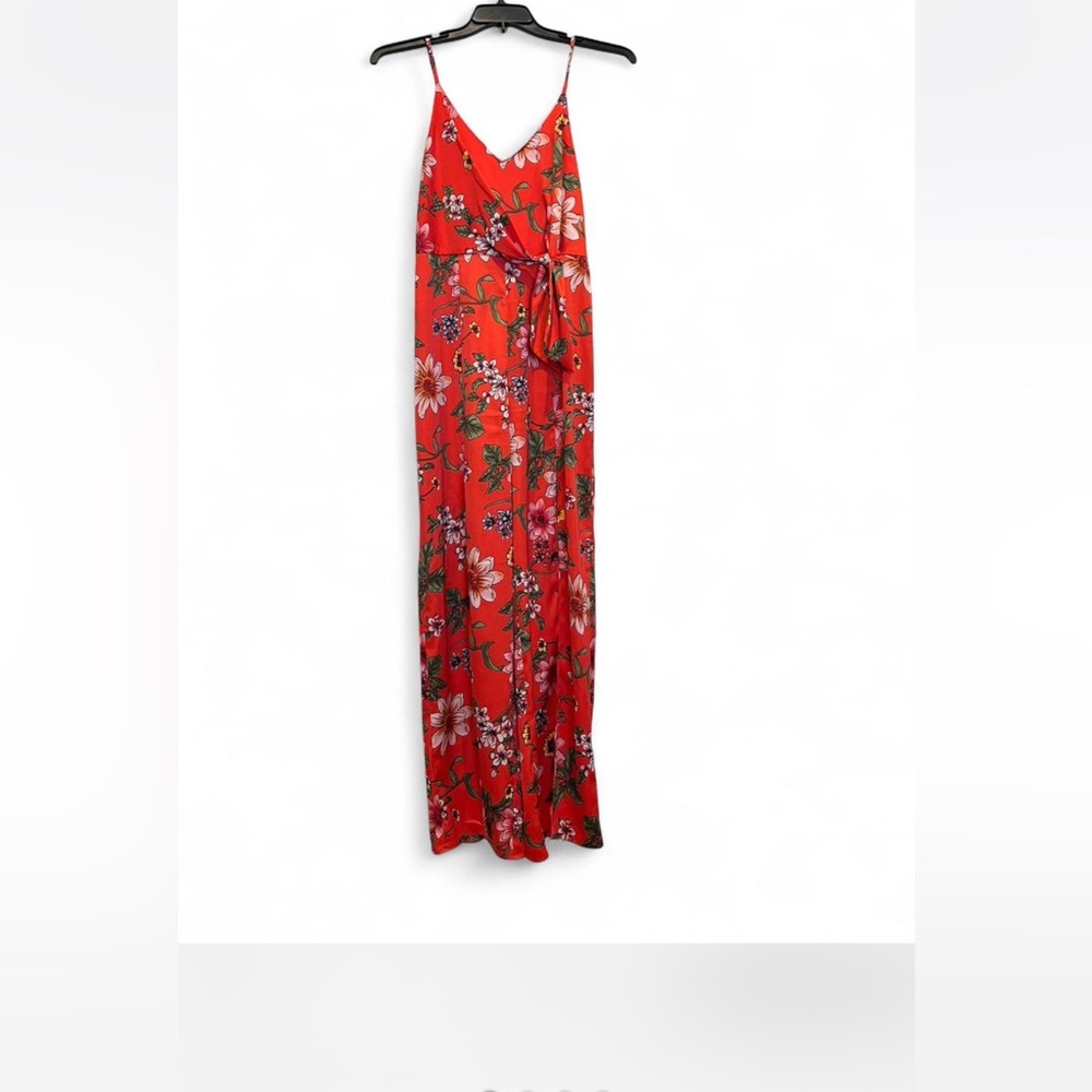 Floral Red jumpsuit with tie waste and open front legs